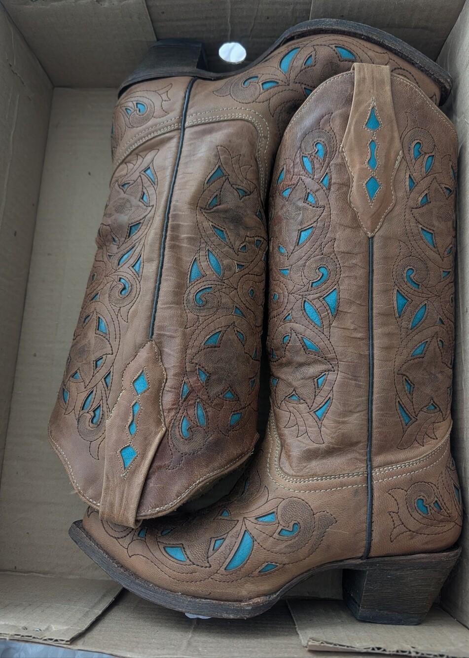 Ladies Corral Cowgirl Boots Size 6 Chocalate -Sand/Turquoise Laser Over.